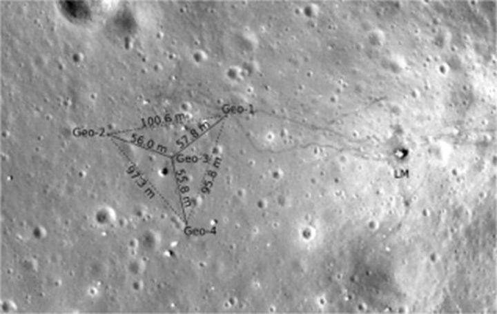 Position of the Apollo 17 seismic array to measure thermal moonquakes. The lunar module is labeled 