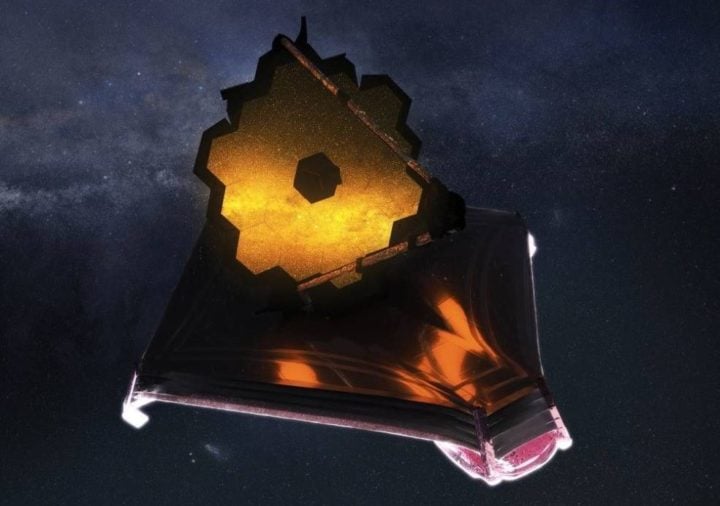 This artist’s conception shows the fully unfolded James Webb Space Telescope in space. 