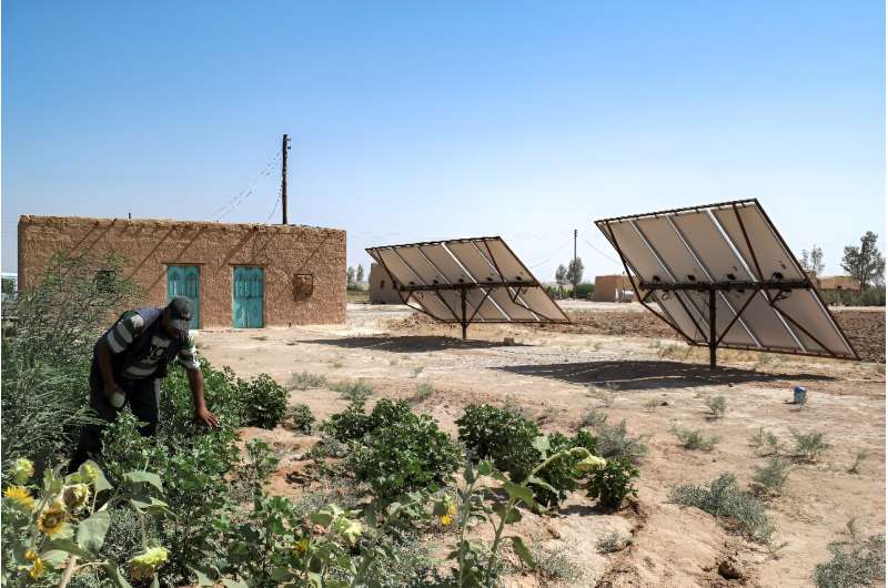 Syrian farmer Abdullah al-Mohammed checks on plants near solar panels powering irrigation, which have helped many farmers during drought and power shortages