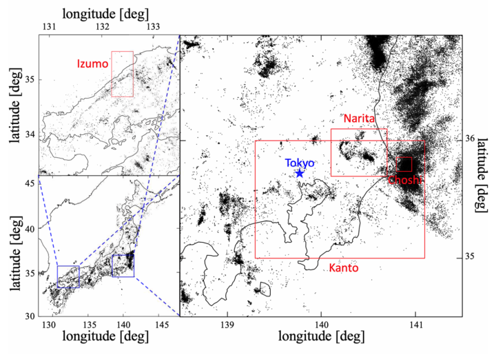 Earthquake map. Data on earthquakes was taken from Japan’s Kanto region (including Tokyo and Narita) and Izumo in the Chugoku region (north of Hiroshima). Black dots represent the epicenters of earthquakes recorded between May 6, 2010, and December 31, 2012. 