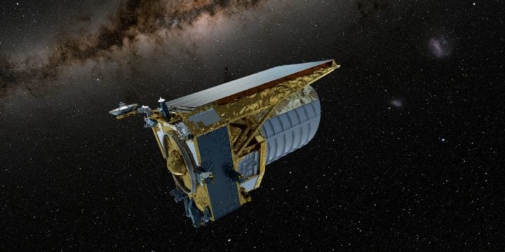 Artist impression of the Euclid mission in space.
Euclid is designed to look far and wide to answer some of the most fundamental questions about our Universe: What are dark matter and dark energy? What role did they play in formation of the cosmic web? The mission will catalogue billions of distant galaxies by scanning across the sky with its sensitive telescope. 