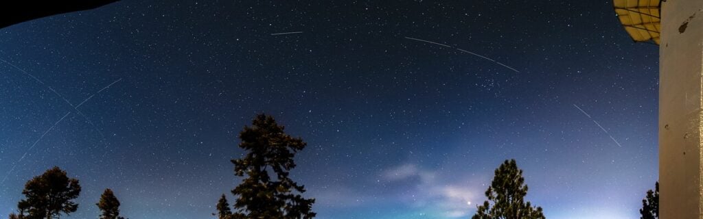 This image shows a trail left by the BlueWalker 3 satellite over Mexico’s National Astronomical Observatory in Sierra de San Pedro Mártir, Baja California. 