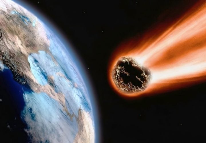 Artistic impression of an asteroid approaching Earth, before a cosmic collision.