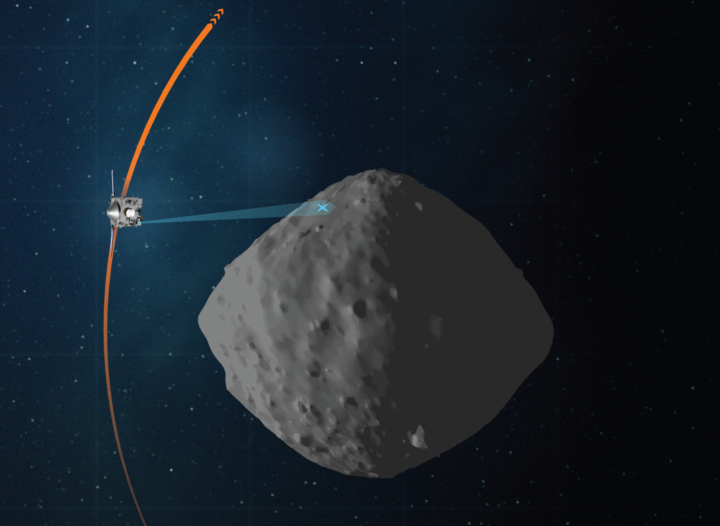 This artist’s concept shows the flight path of NASA’s OSIRIS-REx spacecraft during its final flyby of asteroid Bennu. 