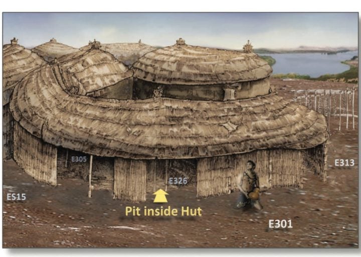 Depiction of a pre-Younger Dryas pit house. Numbers represent approximate locations of samples examined.