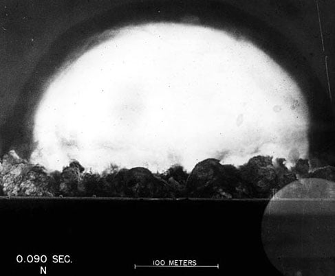 The initial fireball at 90 milliseconds of the Trinity nuclear test at Alamogordo, New Mexico in 1945. 