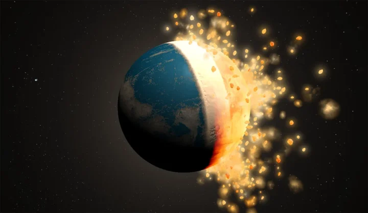 Artistic rendering of a large collision on the early Earth, with gold and other precious metals finding their way to the mantle of our planet. 