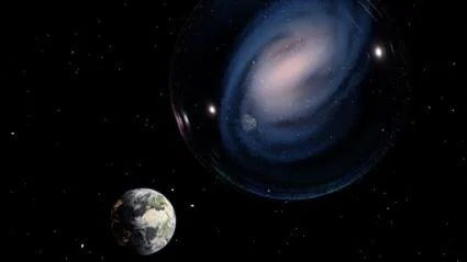 Artistic representation of the spiral barred galaxy ceers-2112, observed in the early Uni-verse. The Earth is reflected on an illusive bubble surrounding the galaxy, recalling the connection between the Milky Way and ceers-2112. 