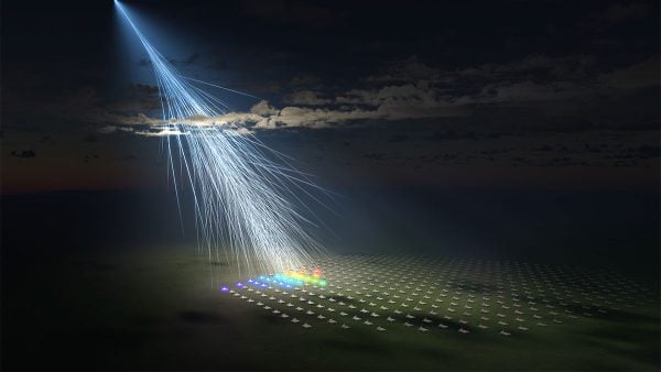 Detecting cosmic ray - artistic interpretation. Artist’s illustration of the extremely energetic cosmic ray observed by a surface detector array of the Telescope Array experiment, named “Amaterasu particle.”