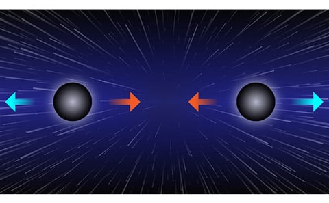 Two black holes can be held at a fixed distance when their gravitational attraction (red arrows) is offset by the cosmic expansion (blue arrows) associated with a cosmological constant. Such a situation would mimic a single black hole for faraway observers. 