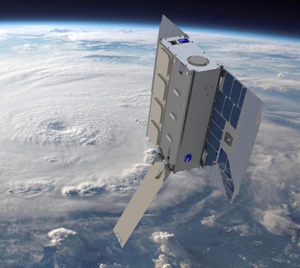 One of GeoOptics’ CICERO (Community Initiative for Cellular Earth Remote Observation) satellites is depicted in low-Earth orbit. Advantages of radio occultation include an ability to see through clouds and high vertical resolution, meaning it can distinguish the altitudes of phenomena it observes.