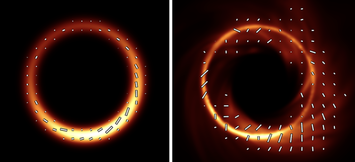 To test the connection between black hole images and energy flow around black holes, the team used both simple models of a glowing ring of gas (left) and full 3D supercomputer simulations (right). By verifying that the connection between the spiral of polarization in the images persisted in both cases, they established that it could be potentially be used with real images of black holes from the Event Horizon Telescope (EHT) to test if magnetic fields are extracting energy and spinning down the black hole.