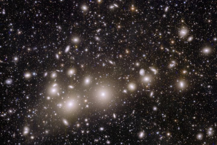 The galaxies of the Perseus cluster are visible in the centre of the image and appear as large galaxies with yellow and white halos around them. The background of this image is filled with hundreds of thousands of more distant galaxies, ranging in colour from white to yellow to red (for the most distant objects). This image illustrates Euclid's ability to capture extremely sharp images over a large area of the sky in a single acquisition. This colour image was obtained by combining data from the NISP and VIS instruments. 