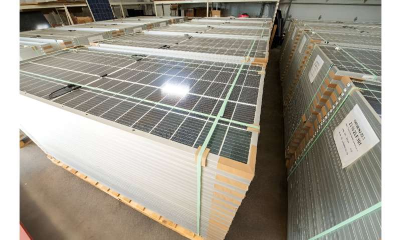 Recycled solar panels are ready to be shipped at the We Recycle Solar plant in Yuma, Arizona on December 6, 2023