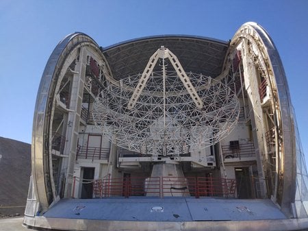 The telescope after removal of the aluminum panels, revealing the supporting truss. 