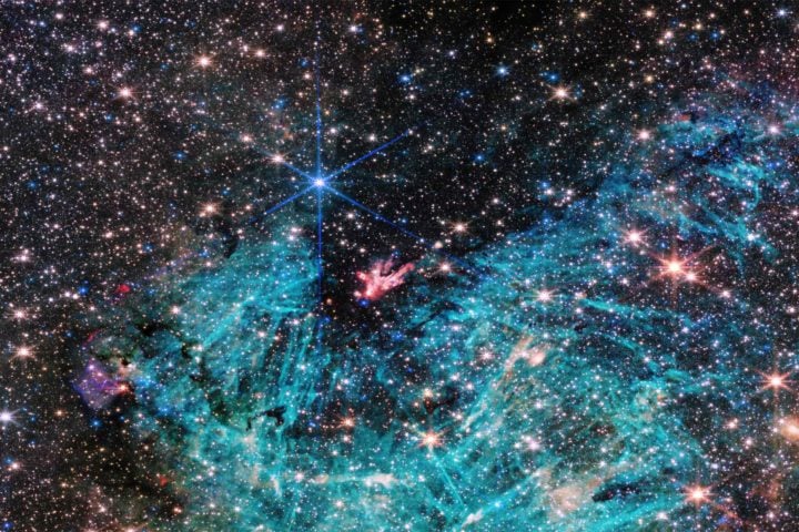 A UVA undergraduate and his team got a special peek at a segment of space known for star formation, courtesy of the James Webb Space Telescope. The red flaring mass encircled by blue in the image represents an area where a star is forming.