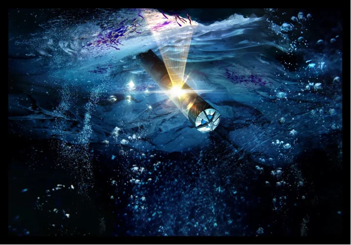 Figure 1 Conceptual image of a cryobot breaching into the ocean of Europa and searching for signs of life.