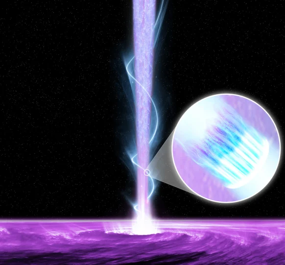 This NASA illustration shows the structure of a black hole jet as inferred by recent IXPE observations of the blazar Markarian 421. The jet is powered by an accretion disk, shown at the bottom of the image, which orbits and falls into the black hole over time. Helical magnetic fields are threaded through the jet. IXPE observations have shown that the X-rays must be generated in a shock originating within material spiraling around the magnetic fields. The inset shows the shock front itself. X-rays are generated in the white region nearest the shock front, whereas optical and radio emission must originate from more turbulent regions further away from the shock.