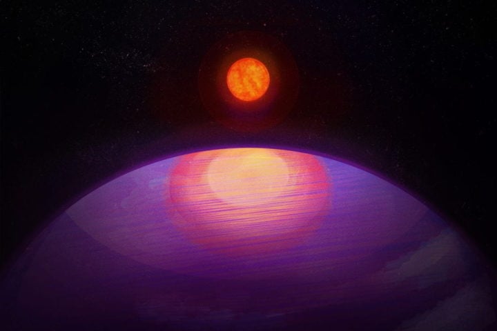 This artistic rendering shows the possible view from LHS 3154b toward its low-mass star, LHS 3154. The relative sizes of the exoplanet and star are causing astronomers to reevaluate previous assumptions about planet and solar system formation. Researchers say that given its large mass, LHS 3154b likely has a composition similar to that of Neptune. 