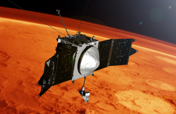 Artist's depiction of the MAVEN spacecraft in orbit around Mars. 