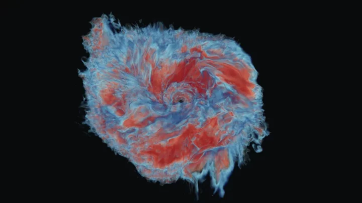 Numerical simulation of the resulting ejecta material of two merging neutron stars. Red colors refer to ejected material with a high fraction of neutrons which will appear typically redder than blue material that contains a higher fraction of protons.
