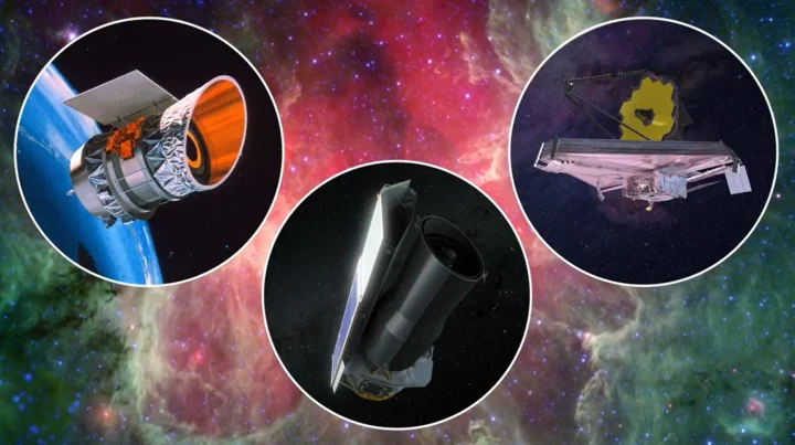 Scientists have been studying the universe with infrared space telescopes for 40 years, including these NASA missions, from left: the Infrared Astronomical Satellite (IRAS), launched in 1983; the Spitzer Space Telescope, launched in 2003; and the James Webb Space Telescope, launched in 2021. 