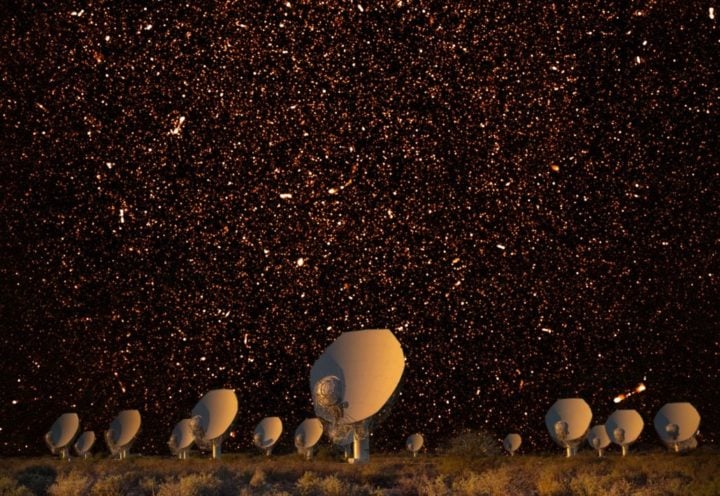 The team used the sensitive MeerKAT radio telescope, located in the Karoo semi-desert in South Africa.   assuming that the massive companion star is a black hole. The brightest background star is its orbital companion, the radio pulsar PSR J0514-4002E. The two stars are separated by 8 million km and circle each other every 7 days. 