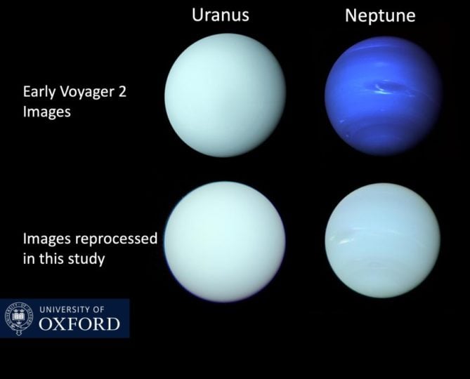 Voyager 2/ISS images of Uranus and Neptune released shortly after the Voyager 2 flybys in 1986 and 1989, respectively, compared with a reprocessing of the individual filter images in this study to determine the best estimate of the true colours of these planets.