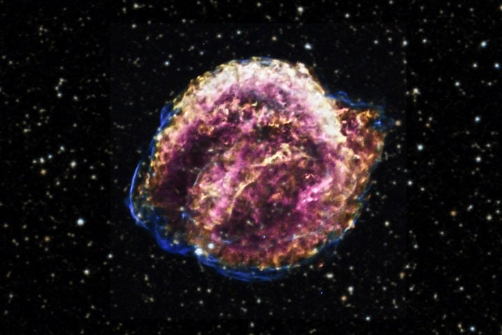 The image here depicts Kepler’s supernova remnant, captured through a blend of X-ray and optical wavelengths. This remnant originates from a Type Ia supernova, a type of supernova that serves as a tool for measuring distances on a cosmic scale.