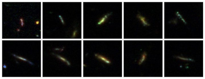 Images of what researchers believe are elongated, ellipsoid (i.e. breadstick-shaped) galaxies, captured with the James Webb Space Telescope. The word “believe” reflects the fact that some of the galaxies may be disk (i.e pizza pie) shaped galaxies seen from the side. 