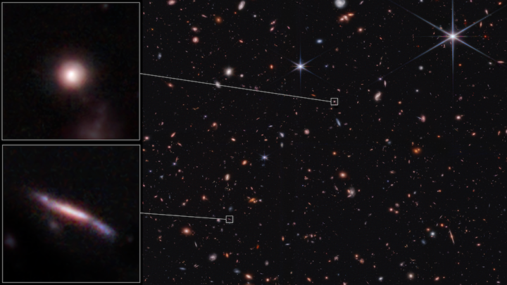 Sample shapes of distant galaxies identified by the James Webb Space Telescope’s Cosmic Evolution Early Release Science (CEERS) survey. [(Credit: NASA, ESA, CSA, STScI, Steve Finkelstein (UT Austin), Micaela Bagley (UT Austin), Rebecca Larson (UT Austin)]