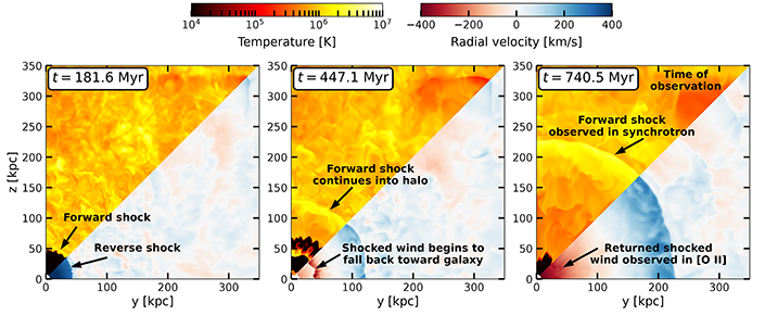 A simulation of starburst-driven winds at three different time periods, starting at 181 million years. The top half of each image shows gas temperature, while the lower half shows the radial velocity.