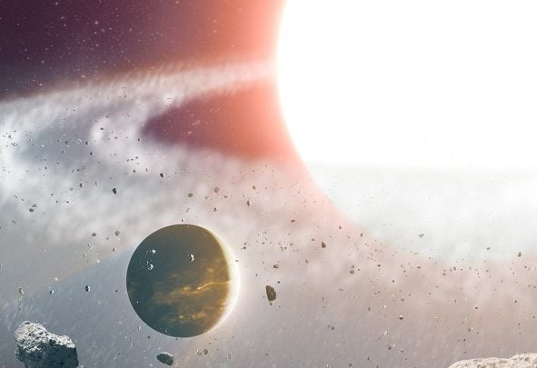 Artist's concept showing a planet amid a field of debris from the apocalyptic aftermath of a violent merger between two stars. The planet Halla may have survived in orbit around the colliding stars.