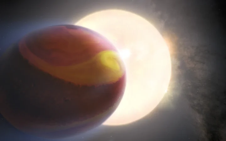 This is an artist's concept of the exoplanet WASP-121 b, also known as Tylos. The exoplanet's appearance is based on Hubble simulation data of the object. Using Hubble observations, another team of scientists had previously reported the detection of heavy metals such as magnesium and iron escaping from the upper atmosphere of the ultra-hot Jupiter exoplanet; marking it as the first of such detection. The exoplanet is orbiting dangerously close to its host star, roughly 2.6% of the distance of Earth to the Sun, placing it on the verge of being ripped apart by the star's tidal forces. The powerful gravitational forces have altered the planet's shape. An international team of astronomers assembled and reprocessed Hubble observations of the exoplanet in the years 2016, 2018 and 2019. This provided them with a unique data-set that allowed them to not only analyze the atmosphere of WASP-121 b, but also to compare the state of the exoplanet's atmosphere across several years. They found clear evidence that the observations of WASP-121 b were varying in time. The team then used sophisticated modelling techniques to demonstrate that these temporal variations could be explained by weather patterns in the exoplanet's atmosphere.
NASA, ESA, Quentin Changeat (ESA/STScI), Mahdi Zamani (ESA/Hubble)