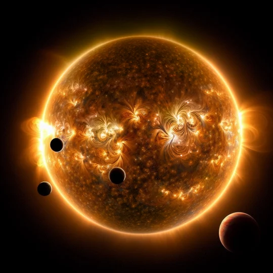 Artist rendering of the TOI-1136 system and its young star flaring.