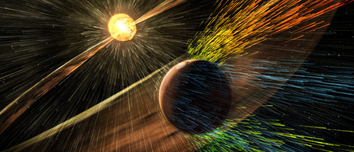 Solar wind and Mars - artistic impression. 