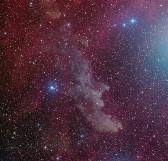 IC 2118, a giant cloud of gas and dust also known as the Witch Head Nebula. H-alpha emissions, which are observed over most of the Orion constellation, are shown in red. This H-alpha image was taken by the MDW Survey and is included in today’s data release.