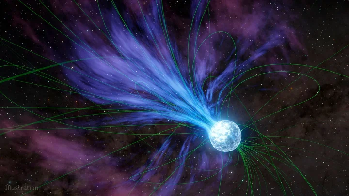 In an ejection that would have caused its rotation to slow, a magnetar is depicted losing material into space in this artist’s concept. The magnetar’s strong, twisted magnetic field lines (shown in green) can influence the flow of electrically charged material from the object, which is a type of neutron star. 