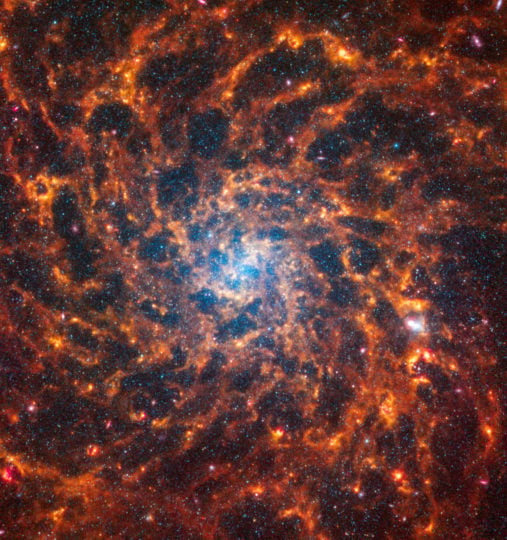 Galaxy IC 5332 was observed as part of the Physics at High Angular resolution in Nearby GalaxieS (PHANGS) programme, a large project that includes observations from several space- and ground-based telescopes of many galaxies to help researchers study all phases of the star formation cycle, from the formation of stars within dusty gas clouds to the energy released in the process that creates the intricate structures revealed by Webb’s new images. IC 5332 is 30 million light-years away in the constellation Sculptor. 