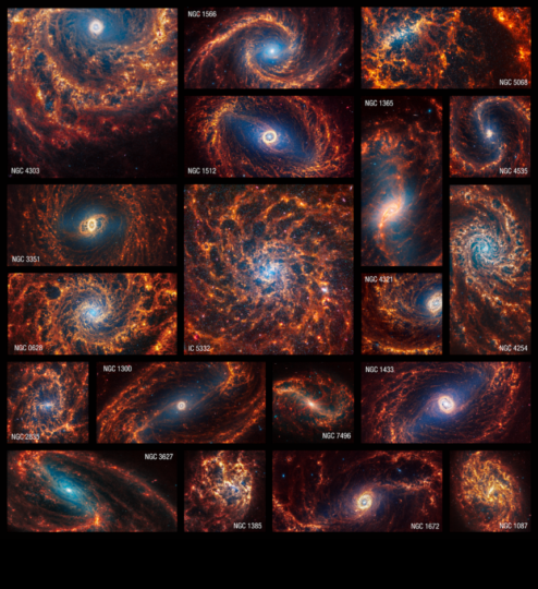 The new collection of images of 19 spiral galaxies from the James Webb Space Telescope in near- and mid-infrared light. Millions of stars are captured in these images. Older stars appear blue and are clustered at the galaxies’ cores. Glowing dust around and between stars appears in shades of red and orange. Stars that haven’t yet fully formed and are encased in gas and dust appear bright red. 