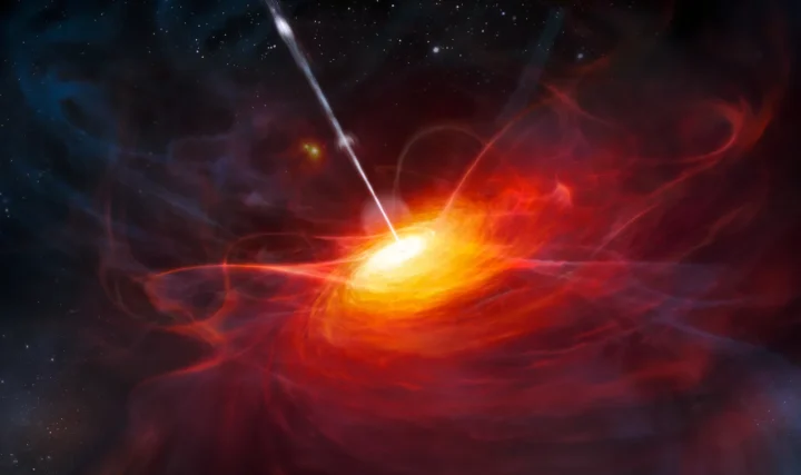 Cosmic powerhouse: Artist's impression of a quasar whose core region was literally set in motion in the early universe. While galaxies often merged with each other at that time, large amounts of matter were thrown into the centres of the galaxies. When matter orbits the supermassive black hole in the centre of a galaxy, energy is released, which explains the enormous brightness of an active galaxy. The quasar can therefore still be observed from a great distance today. 