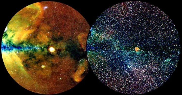 The sky section of the eRosita All-Sky Survey Catalogue (eRASS1) in two different representations. The left image shows extended X-ray emission while the right image shows point-like X-ray sources. 