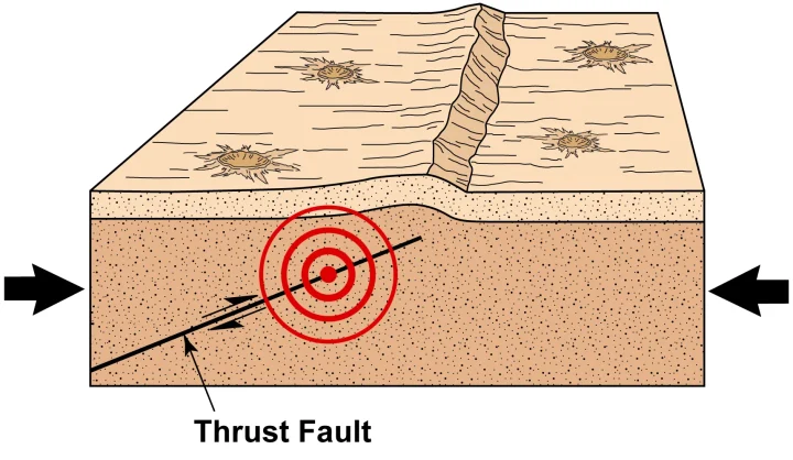 The lobate scarps are formed when the lunar crust is pushed together as the Moon contracts. This causes the near-surface materials to break forming a thrust fault. The thrust fault carries crustal materials up and sometimes over adjacent crustal materials. Slip events on existing faults or the formation of new thrust faults trigger shallow moonquakes that can cause strong seismic shaking tens of miles (many tens of kilometers) away from the scarp. 