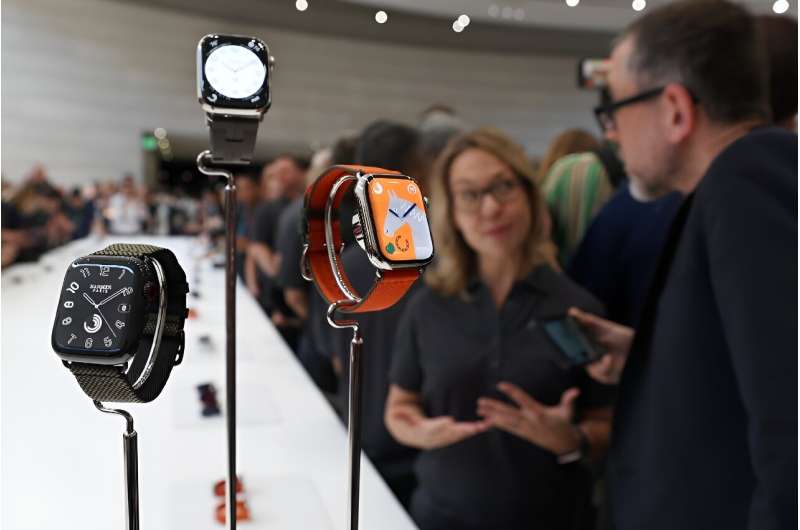 Apple Watches on display in Cupertino, California on September 12, 2023