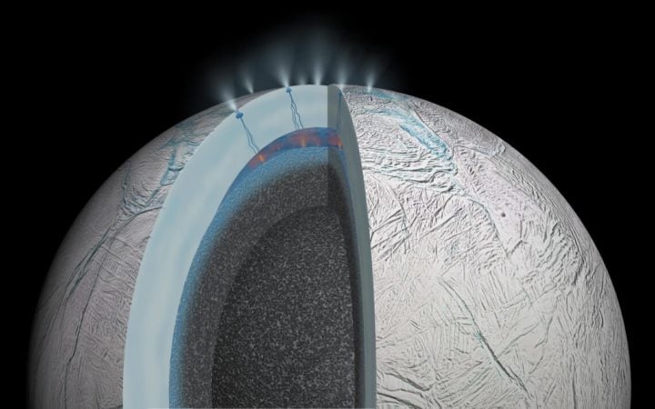 An artist’s rendition of Saturn’s moon Enceladus depicts hydrothermal activity on the seafloor and cracks in the moon’s icy crust that allow material from the watery interior to be ejected into space. New research shows that instruments destined for the next missions could find traces of a single cell in a single ice grain contained in a plume. 