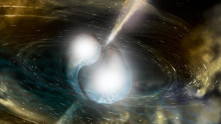 Artist’s illustration of two merging neutron stars. 