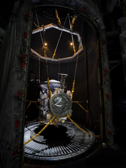 Europa Clipper is seen in the 25-Foot Space Simulator at JPL in February, before the start of thermal vacuum testing. A battery of tests ensures that the NASA spacecraft can withstand the extreme hot, cold, and airless environment of space.