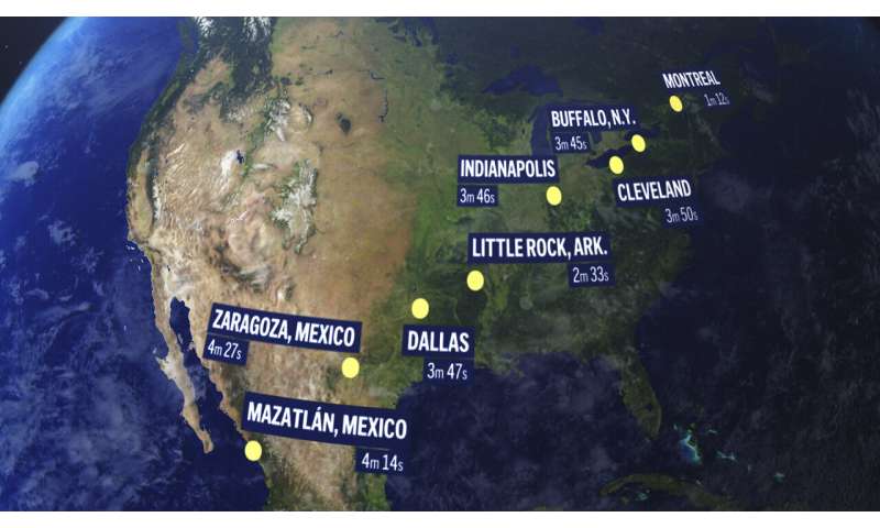 A total solar eclipse races across North America as clouds part along totality