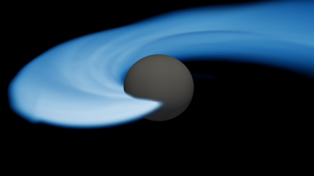 The image shows the coalescence and merger of a lower mass-gap black hole (dark gray surface) with a neutron star (greatly tidally deformed by the black hole's gravity). This still image from a simulation of the merger highlights just the neutron star's lower density components, ranging from 60 grams per cubic centimeter (dark blue) to 600 kilograms per cubic centimeter (white). Its shape highlights the strong deformations of the low-density material of the neutron star
Credit: Ivan Markin, Tim Dietrich (University of Potsdam), Harald Paul Pfeiffer, Alessandra Buonanno (Max Planck Institute for Gravitational Physics