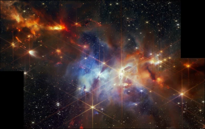 In this image of the Serpens Nebula from NASA’s James Webb Space Telescope, astronomers found a grouping of aligned protostellar outflows within one small region (the top left corner). Serpens is a reflection nebula, which means it’s a cloud of gas and dust that does not create its own light, but instead shines by reflecting the light from stars close to or within the nebula.
NASA, ESA, CSA, K. Pontoppidan (NASA’s Jet Propulsion Laboratory) and J. Green (Space Telescope Science Institute).